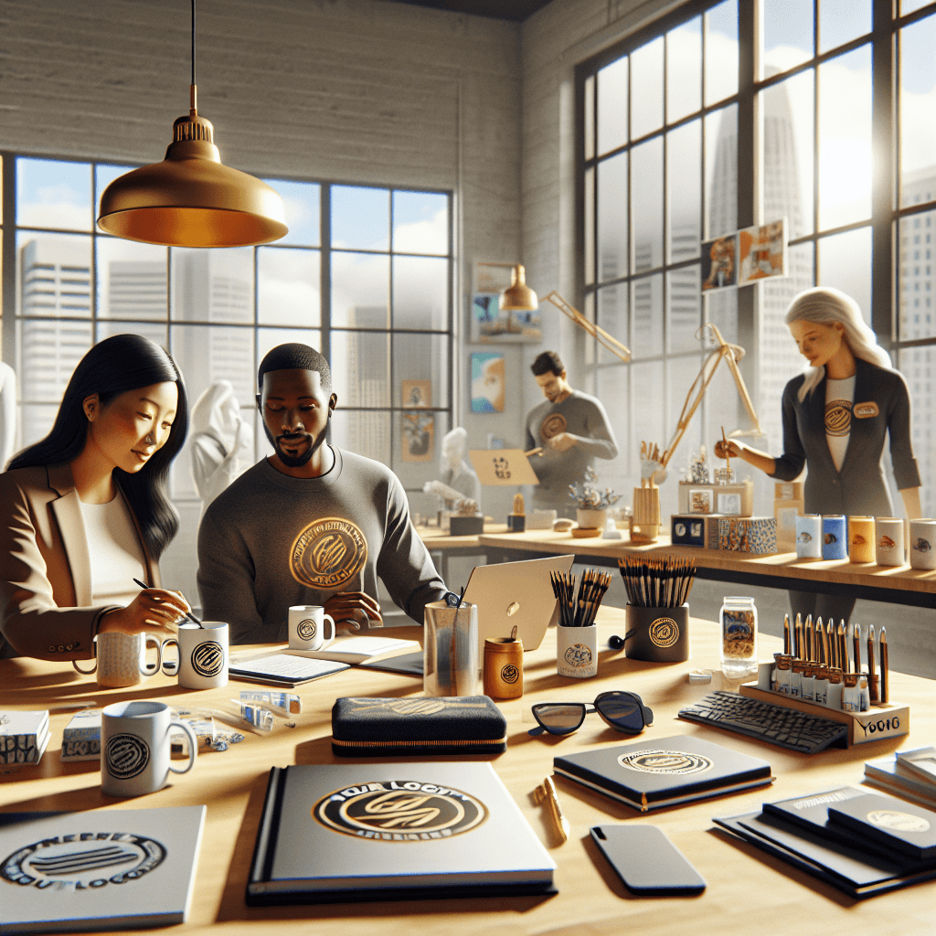 Creative workspace with custom branded merchandise and supplies