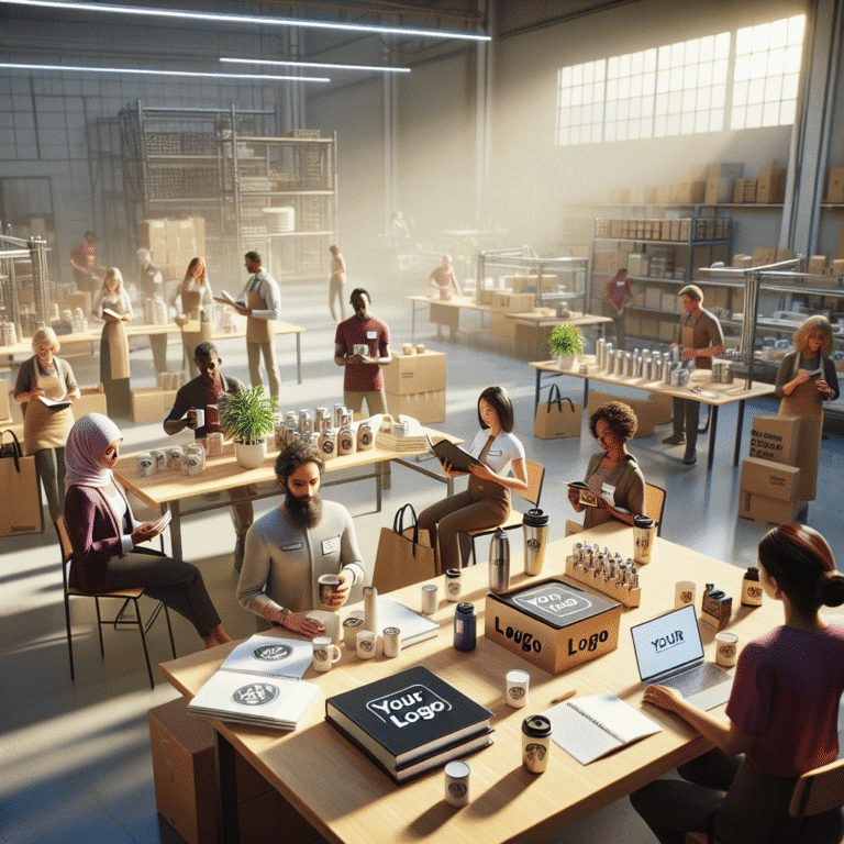 Warehouse team organizing custom branded promotional products