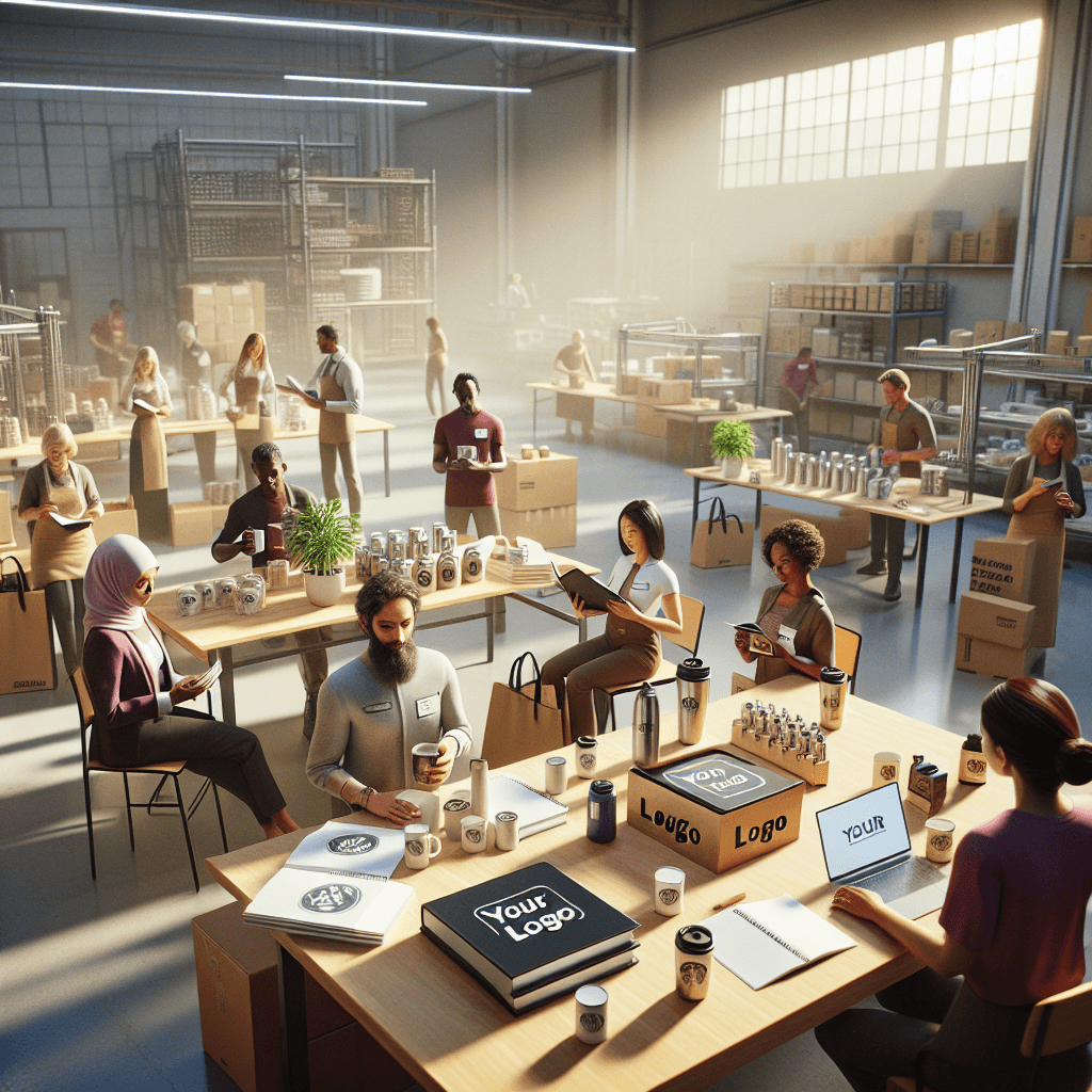 Warehouse team organizing custom branded promotional products