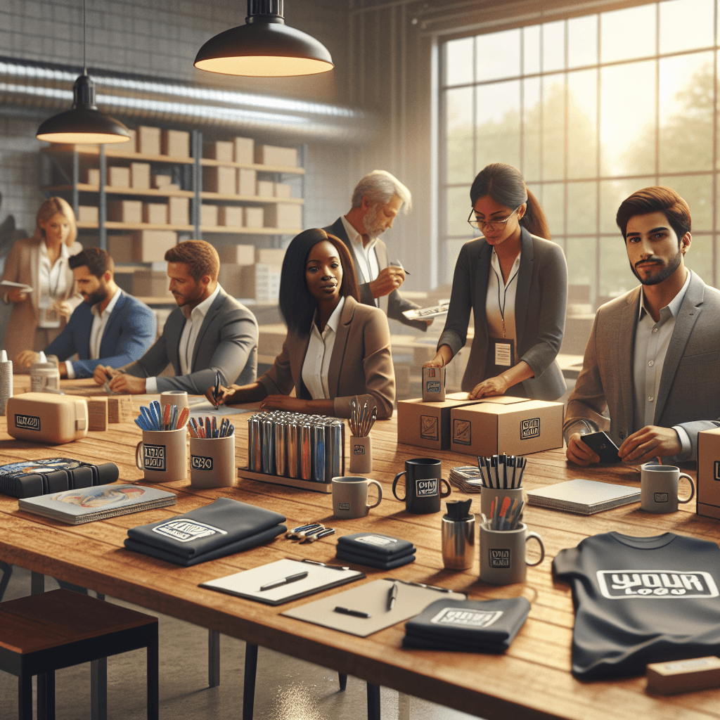 Team working with custom branded office supplies and apparel