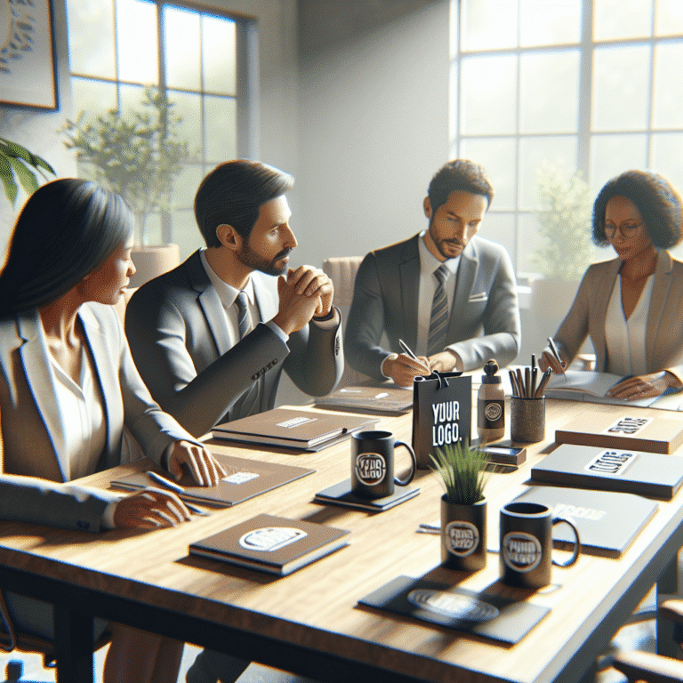 Corporate meeting with custom branded notebooks and mugs