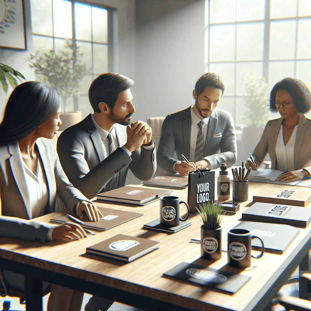 Corporate meeting with custom branded notebooks and mugs