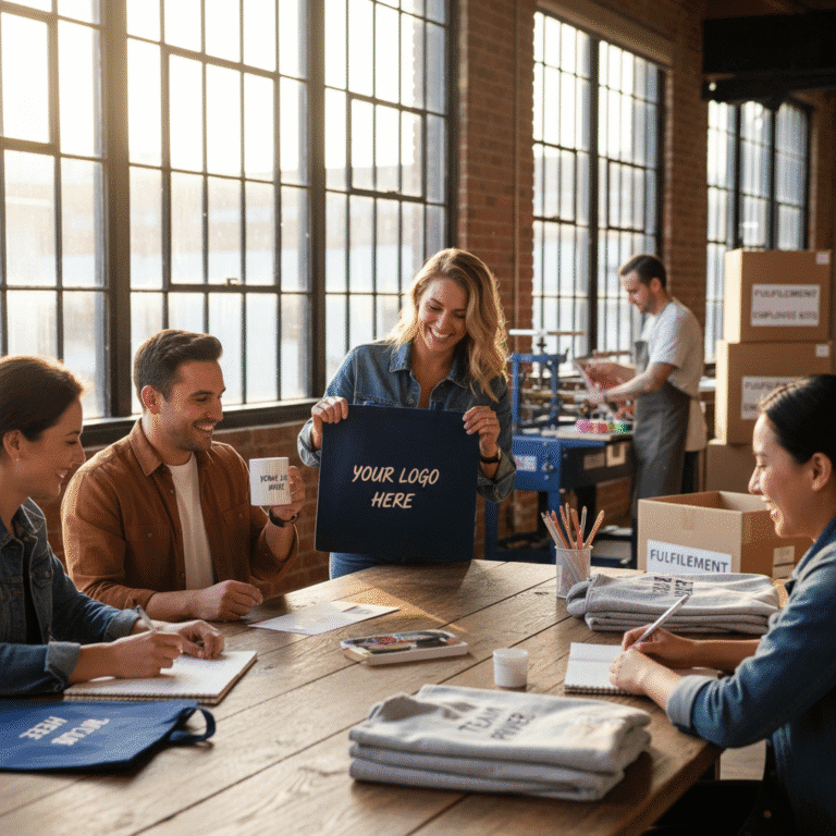 Group planning session with custom branded items in warehouse