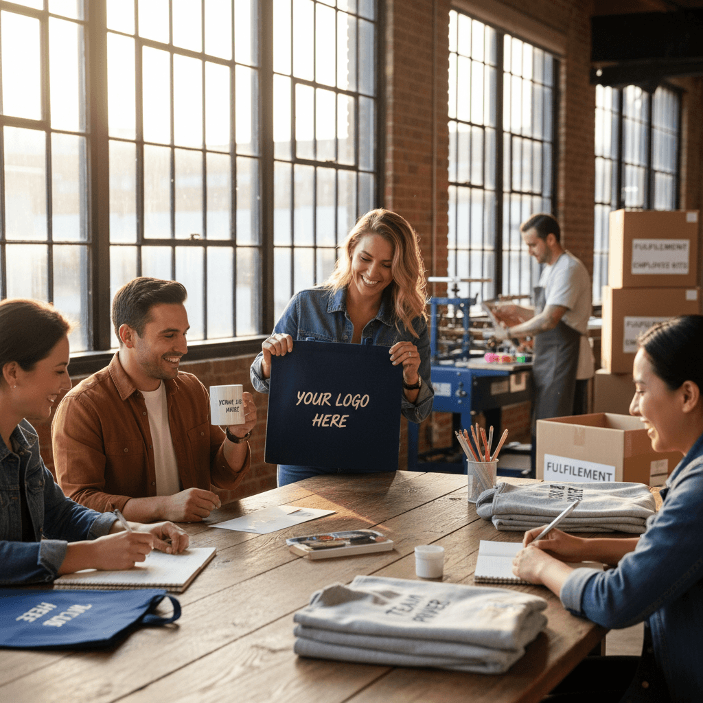 Group planning session with custom branded items in warehouse