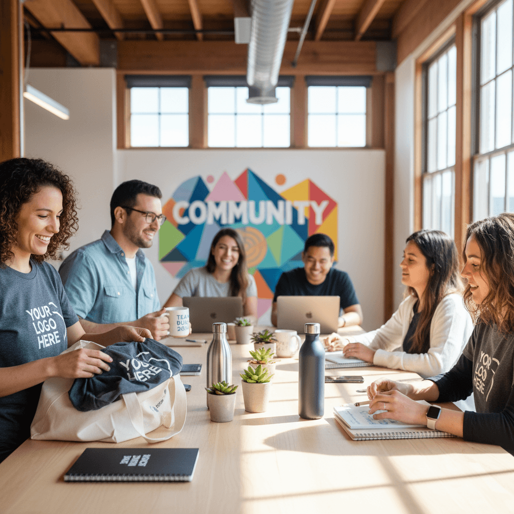 Creative team with custom branded t-shirts and mugs