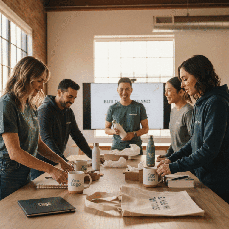 Team building with custom branded apparel and mugs