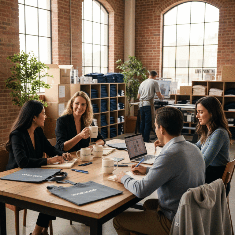 Business meeting with custom branded mugs and tote bags