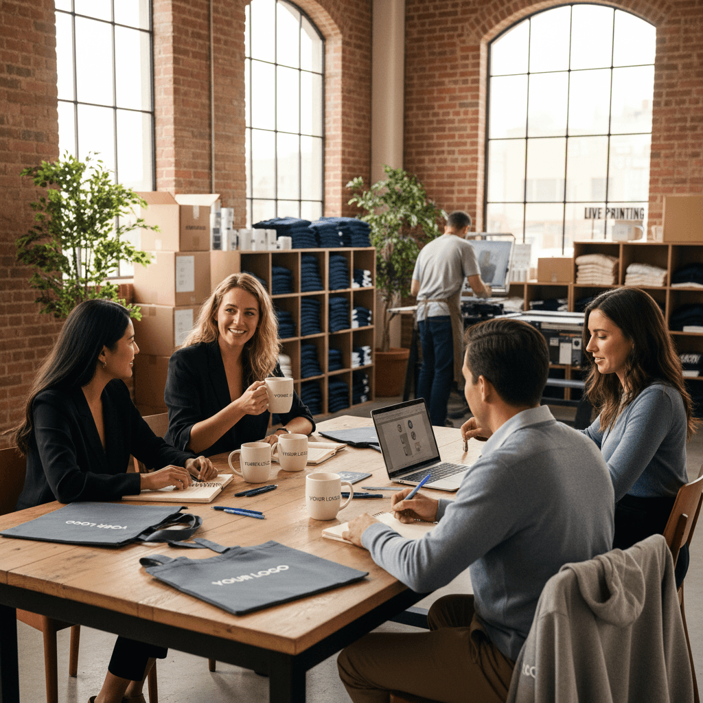 Business meeting with custom branded mugs and tote bags