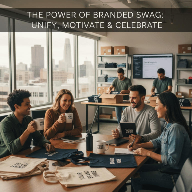 Team meeting with custom branded mugs and notebooks