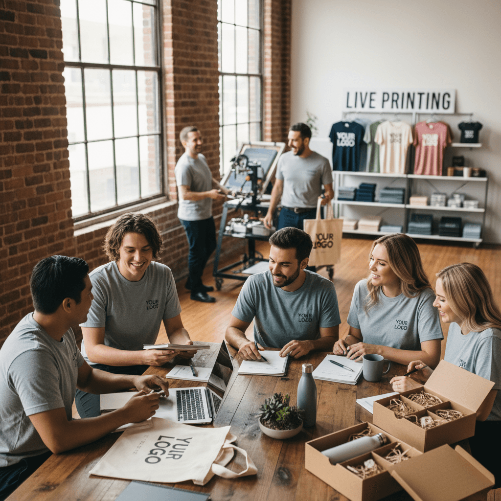 Group planning promotional products with live printing setup