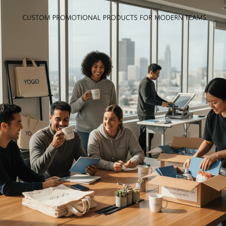 Team creating custom promotional products in office setting