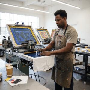 Close-up of a screen printing press printing a garment in a clean print shop
