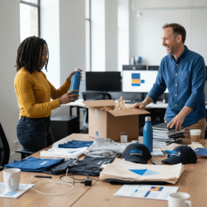 Two colleagues unpacking and reviewing a corporate swag order of apparel, drinkware and tote bags on an office table