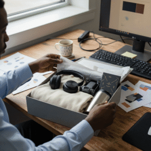 Hands opening a large premium corporate gift box containing wireless headphones, a folded sweatshirt, a drone and a tumbler