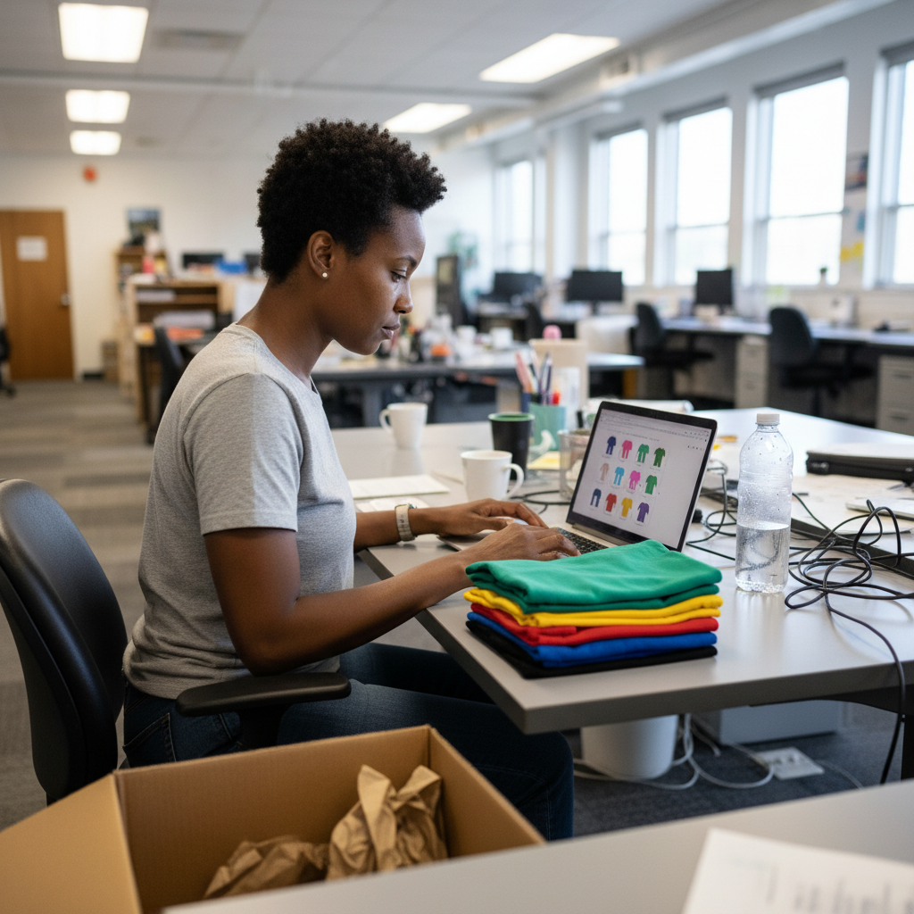 Employee ordering branded company merchandise from an internal swag storefront on a laptop, with folded apparel beside the desk