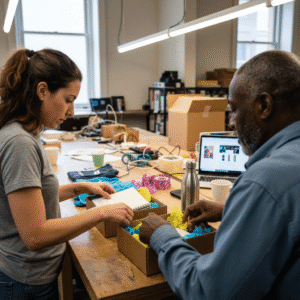 Hands assembling a branded welcome kit into a gift box with tissue paper on a packing bench