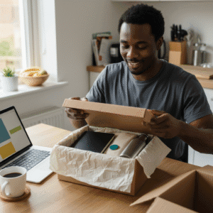 New hire opening a branded welcome kit at their kitchen table with a laptop, notebook and water bottle inside