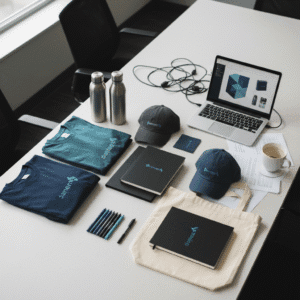 Flat lay of assorted corporate swag including apparel, drinkware, notebooks and tote bags