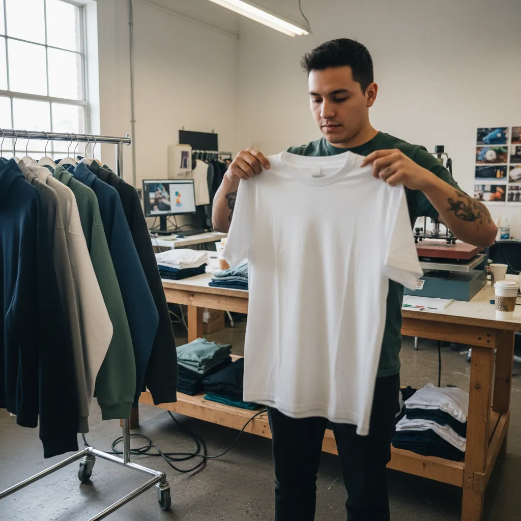 Person checking a freshly printed branded t-shirt beside a rail of custom apparel