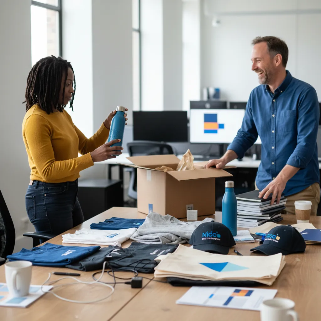Two colleagues unpacking and reviewing a corporate swag order of apparel, drinkware and tote bags on an office table