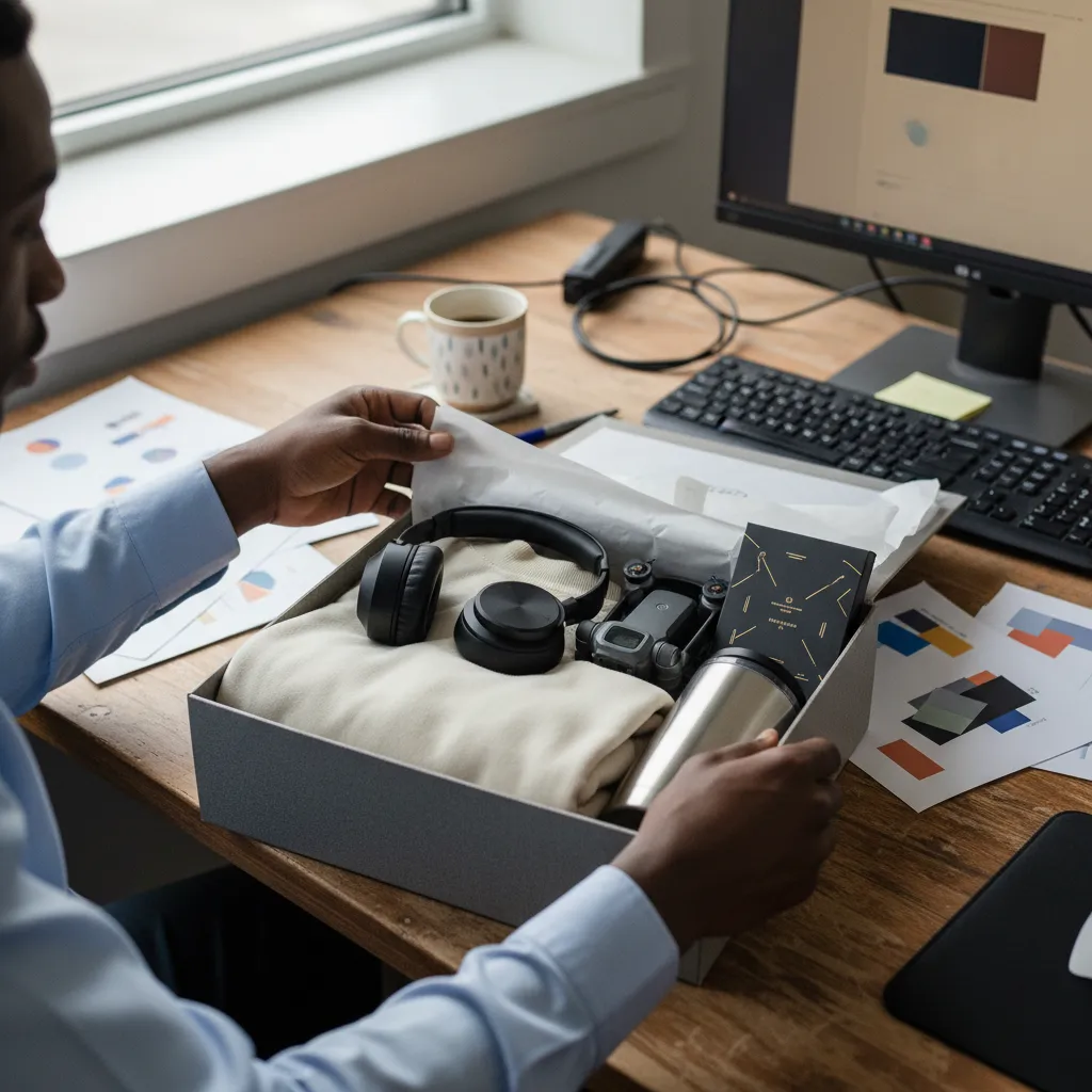 Hands opening a large premium corporate gift box containing wireless headphones, a folded sweatshirt, a drone and a tumbler