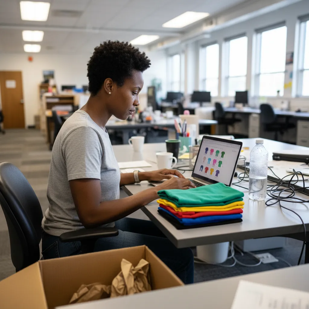Employee ordering branded company merchandise from an internal swag storefront on a laptop, with folded apparel beside the desk