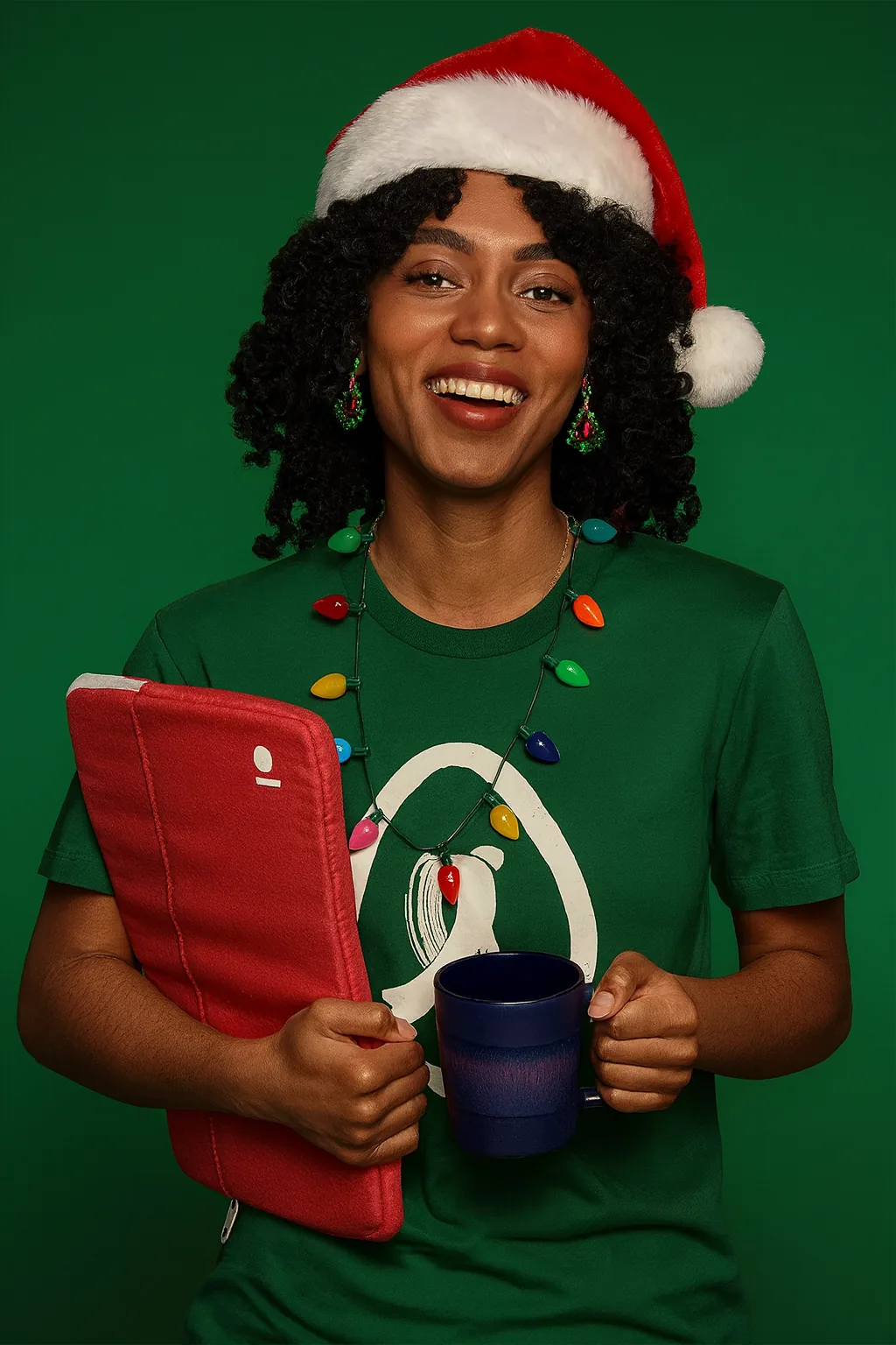 Smiling employee in a Santa hat wearing branded holiday swag, holding a branded mug and pouch